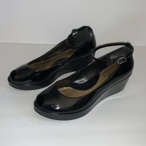 SO Black Patent Platform Peeptoe Shoes